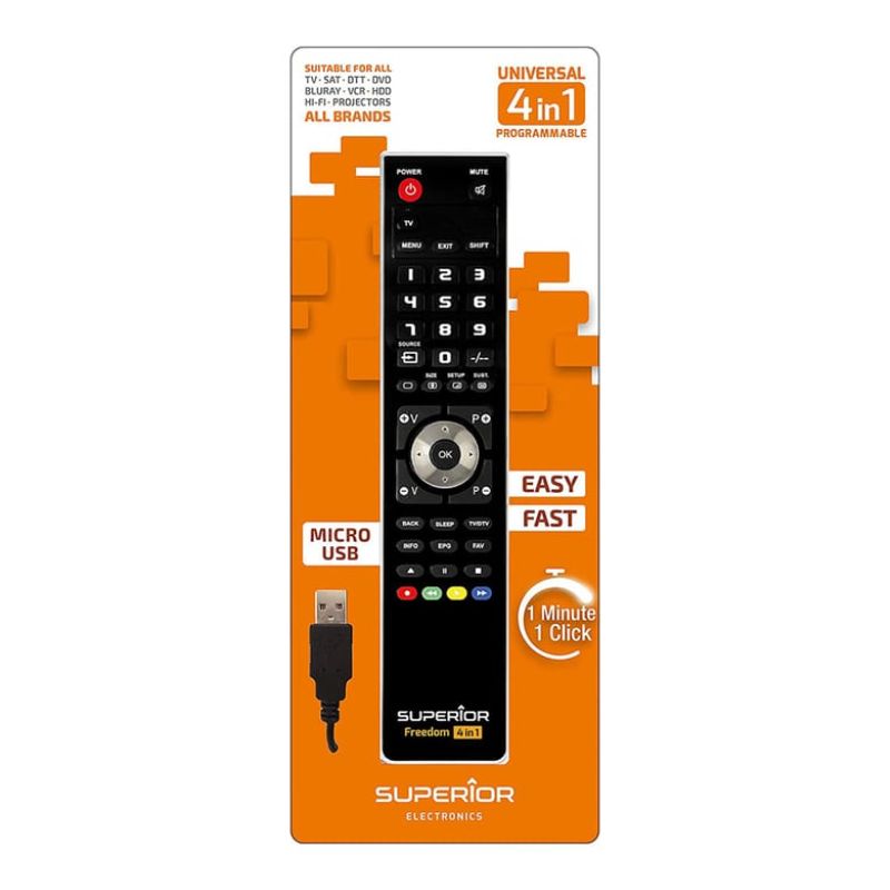 Superior Freedom USB 4 en 1: Mando Universal para controlar cualquier aparato. Mas de 260.000 modelos para controlar hasta 4 aparatos audio/video simultaneamente Negro