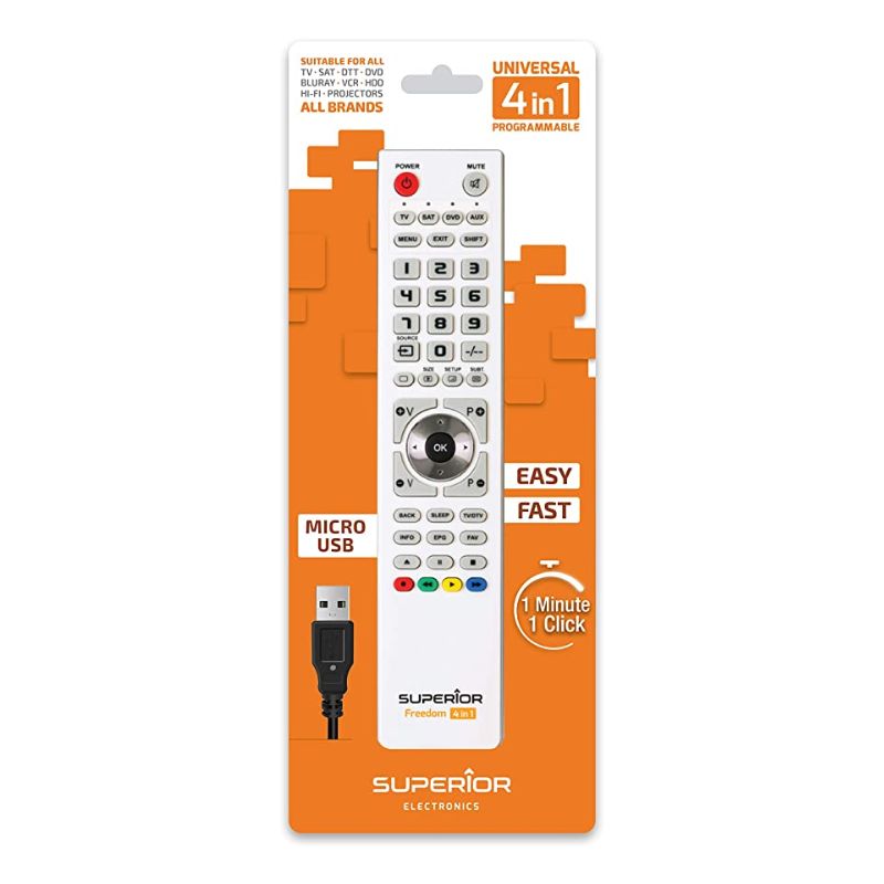 Superior Freedom USB 4 en 1: Mando Universal para controlar cualquier aparato. Mas de 260.000 modelos para controlar hasta 4 aparatos audio/video simultaneamente Blanco